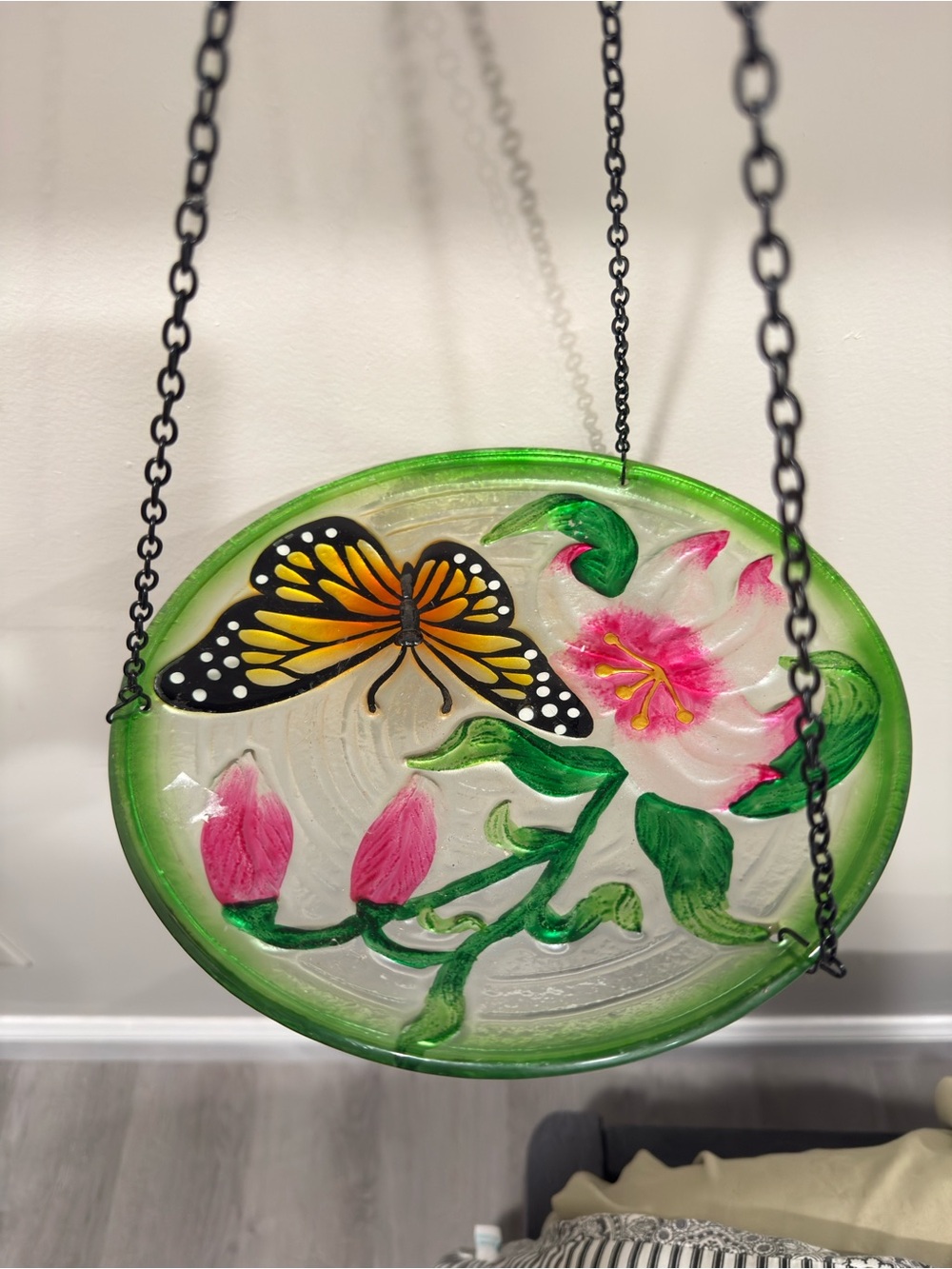 Beautiful Boho Glass Hanging Bird Bath & Decor – Butterfly & Lily Design